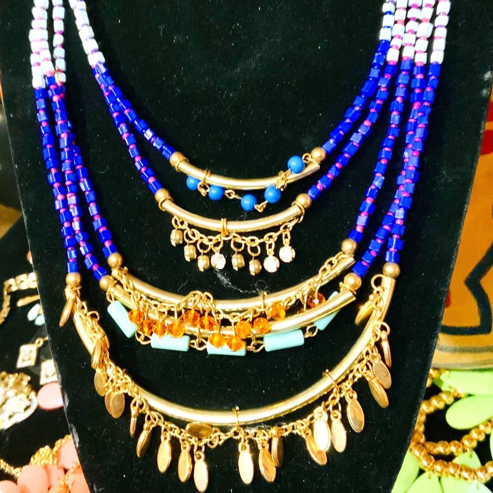 BOHO VIBE MULTI STRAND STATEMENT NECKLACE CRYSTAL/METAL/GLASS/Acrylic NEW